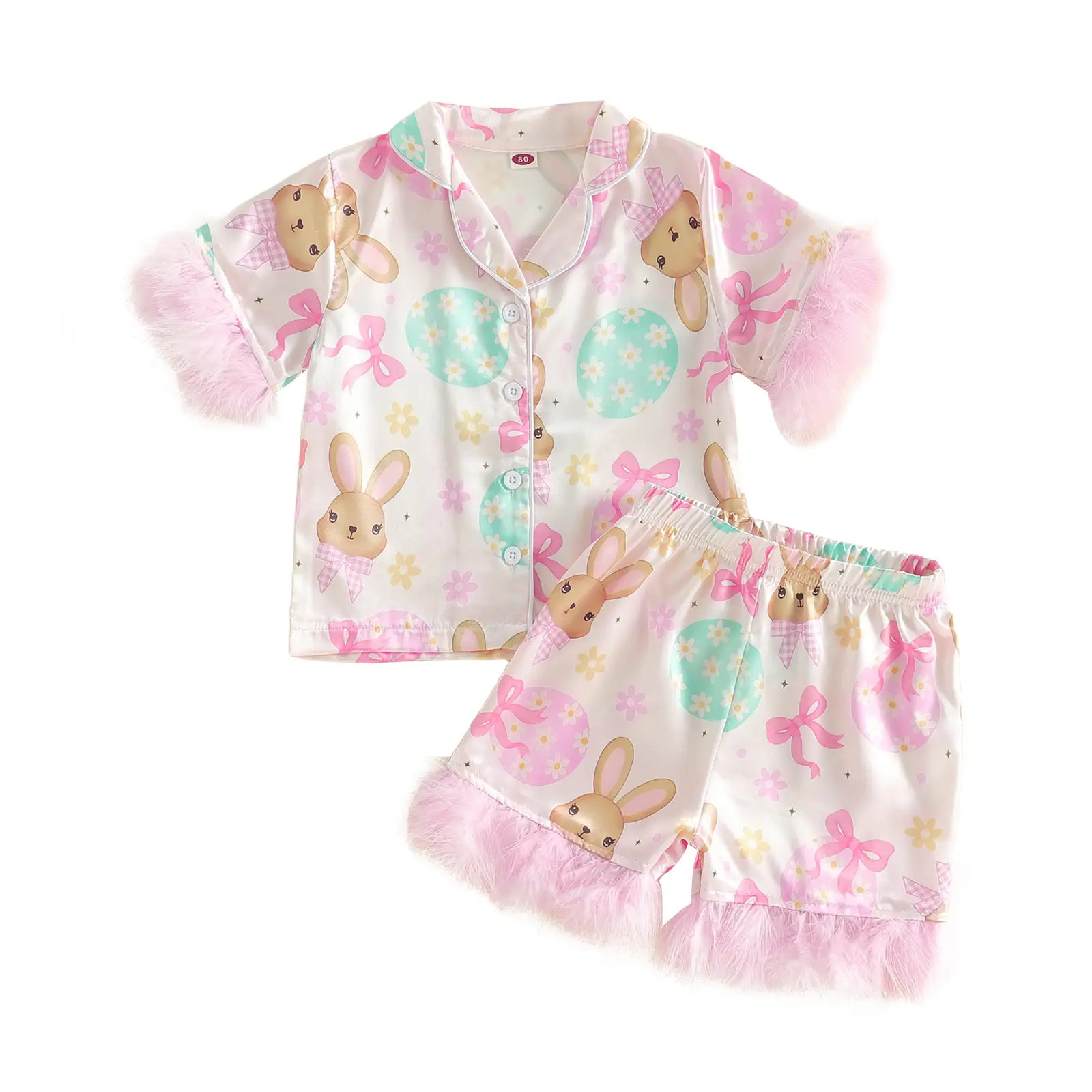 Toddler Girl Boy Easter Pajamas Set Cute Bunny Short Sleeve Button Down Shirt Top Elastic Shorts Sleepwear