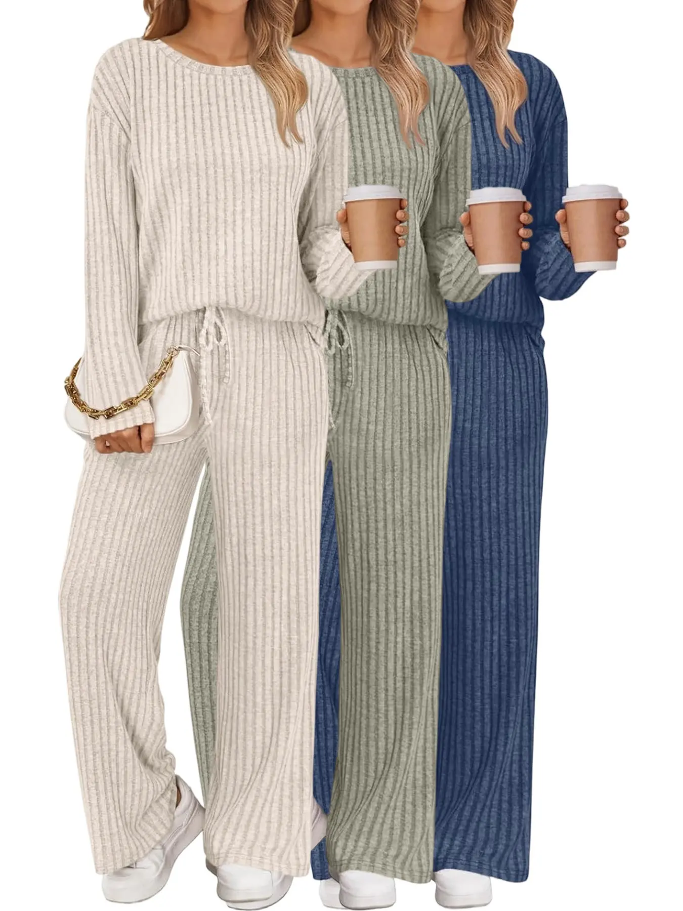 Women's Ribbed Knit Loungewear Set, Long Sleeve Crew Neck Top & Drawstring Wide Leg Pants, Soft Stretchy Two Piece for Daily Wear