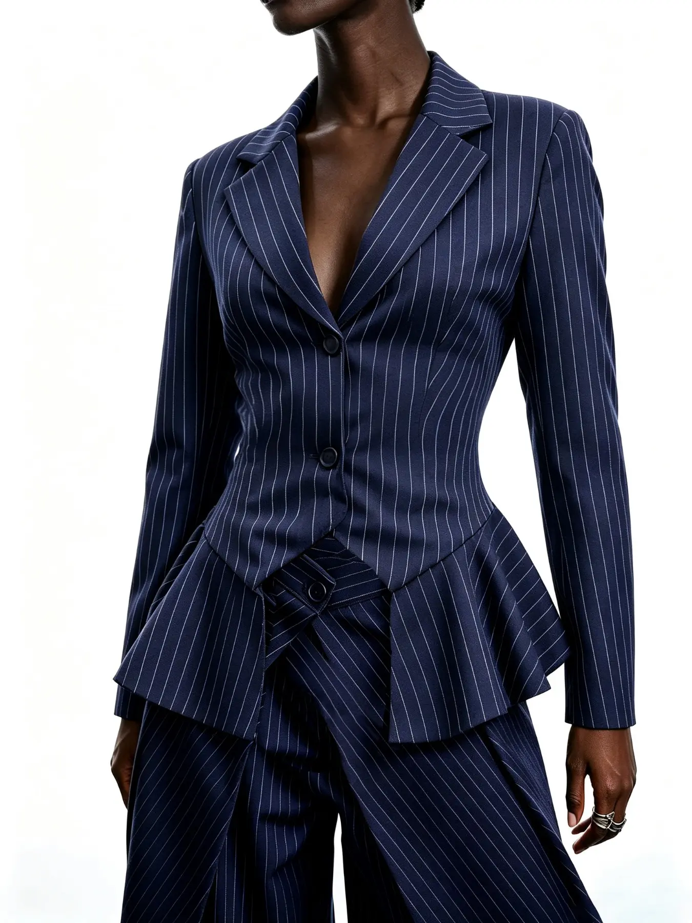 Autumn Winter High-End Navy Vertical Striped Ruffle Hem Waistcoat Set, Unique Ruffle Bottom Suit, Fashion Suit, Perfect for Outing, Commute, Dating, Party