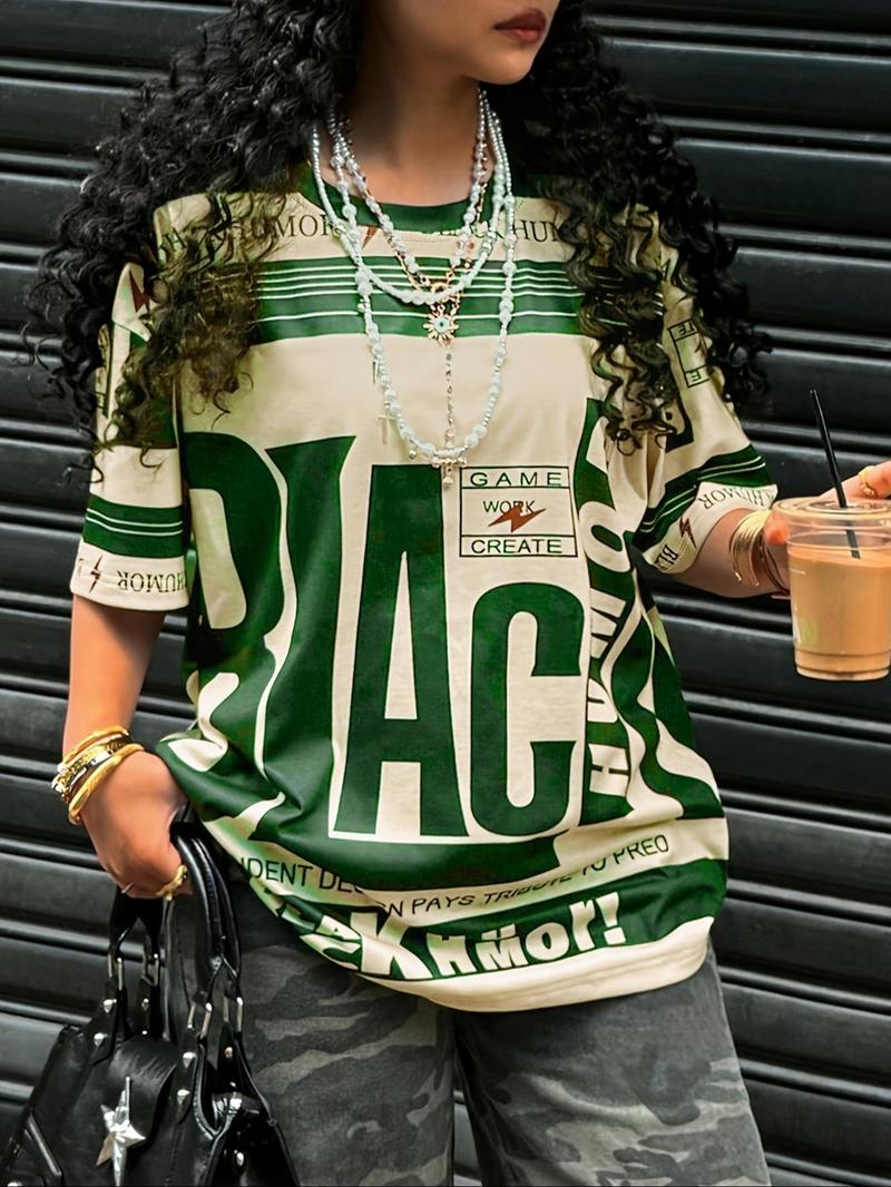 Women's Letter Print Round Neck Tee, Casual Style Tee, Fashion Casual Crew Neck T-shirt for Daily Holiday Vacation Outdoor Wear, Ladies Clothes for Summer, Top