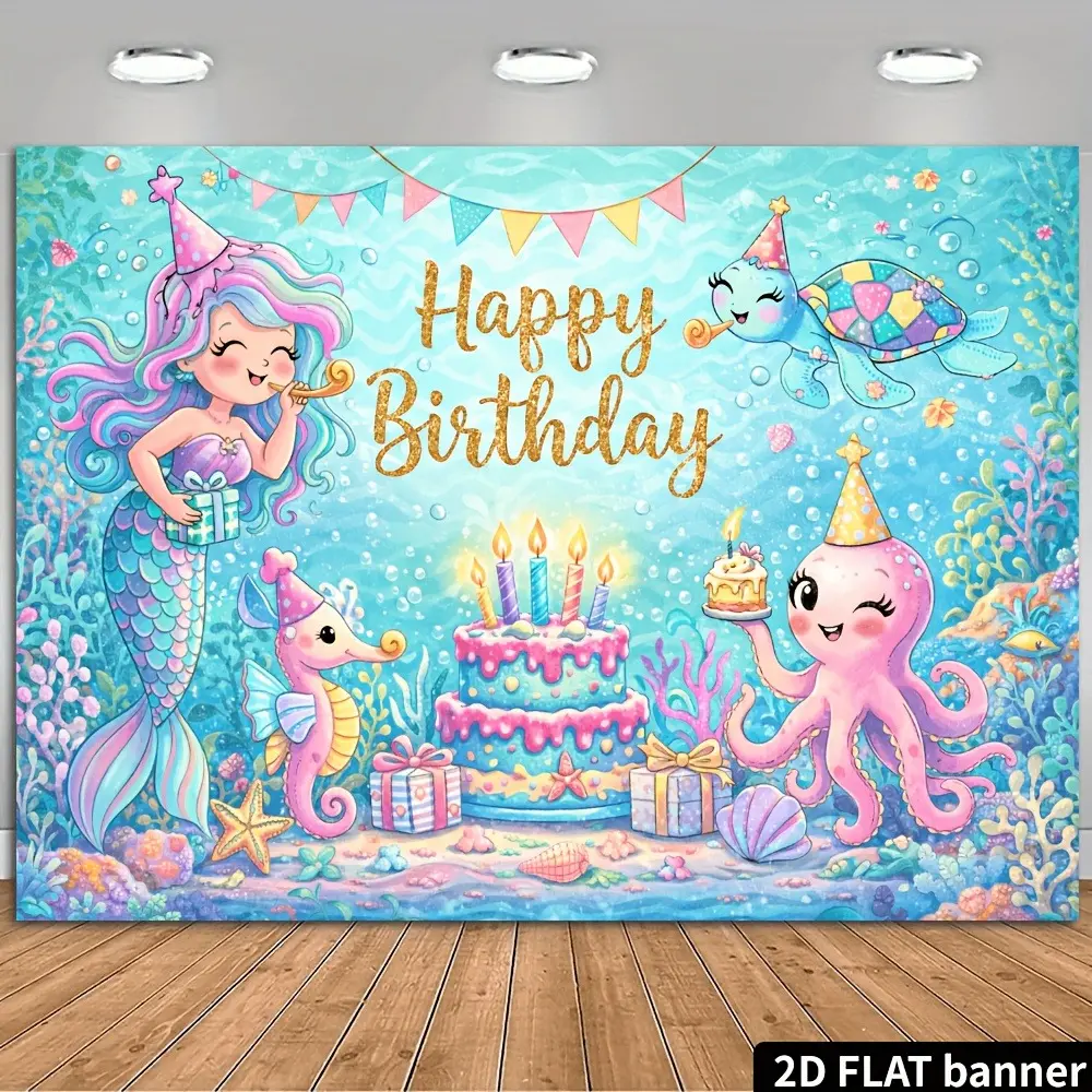 Mermaid Under the Sea Birthday 2D Flat Banner, Single-Sided Polyester Backdrop with Metal Grommets, Ocean Theme Party Photo Background Wall Decor