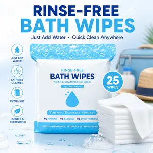 25 Pack Rinse-Free Bath Wipes, Soap Infused Body Sponges, Travel Camping Gym Quick Clean Shower Wipes