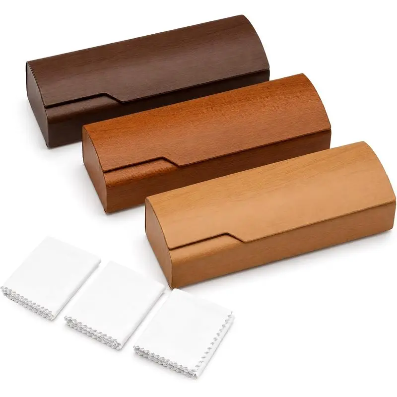 3 Pack Glasses Case Hard Shell, Wood Grain Cases with Cleaning Cloths |   Flocked-Lining Eyeglass Cases for Standard Eyeglasses, Reading Glasses and Small to Medium Sunglasses, Men Women