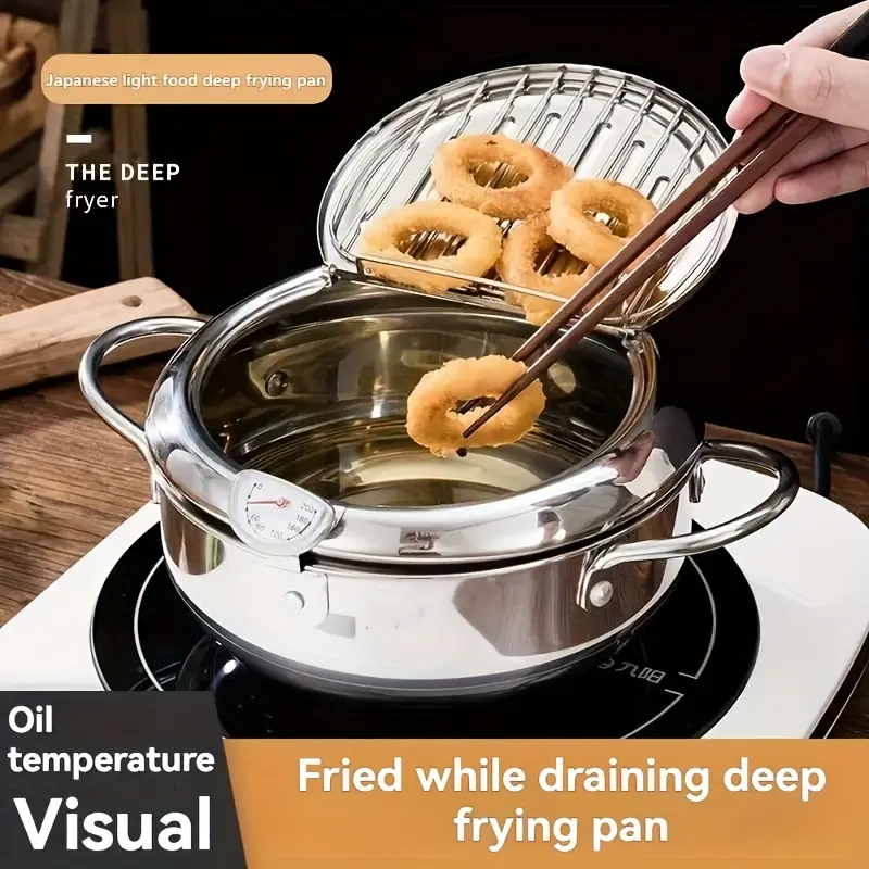 [Stainless Steel Fryer] Stainless Steel Fryer with a Visible Thermometer, Lid, and Drip Rack, Suitable for Kitchen Frying and Outdoor Frying - 7.87-inch Tempura Fryer, Suitable for French Fries, Shrimp, Chicken Wings, Home Cooking, and Outdoor Picnics