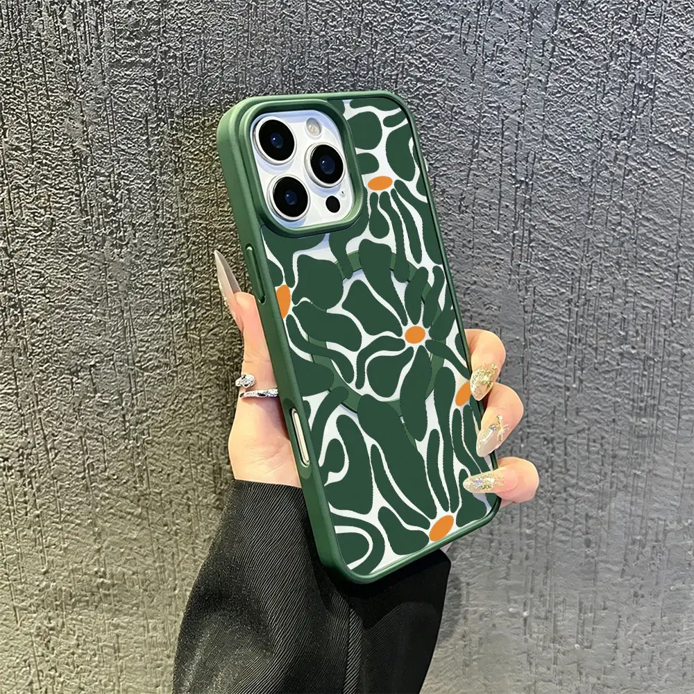 Abstract Dark Green Floral Phone Case， Minimalist Retro Botanical Style for iPhone 17 16 15 14 13 12 11 Plus Pro Max， Aesthetic Gift.