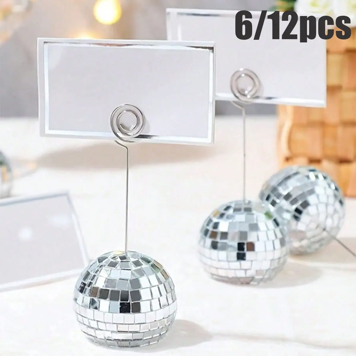 Silver Color Disco Ball Table Number Holder with Spiral Name Tag, Wedding Birthday Anniversary Party Decor, Modern Desktop Setup, Durable Stand
