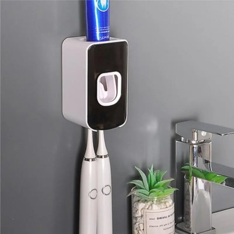 Wall-Mounted ABS Toothbrush Holder - 2-Slot 2 In 1 Automatic Toothpaste Dispenser, Multi-Port Bathroom Organizing Accessory, Detachable Box Cover, Imitation Leather Texture, Low-Maintenance Toothbrush Storage