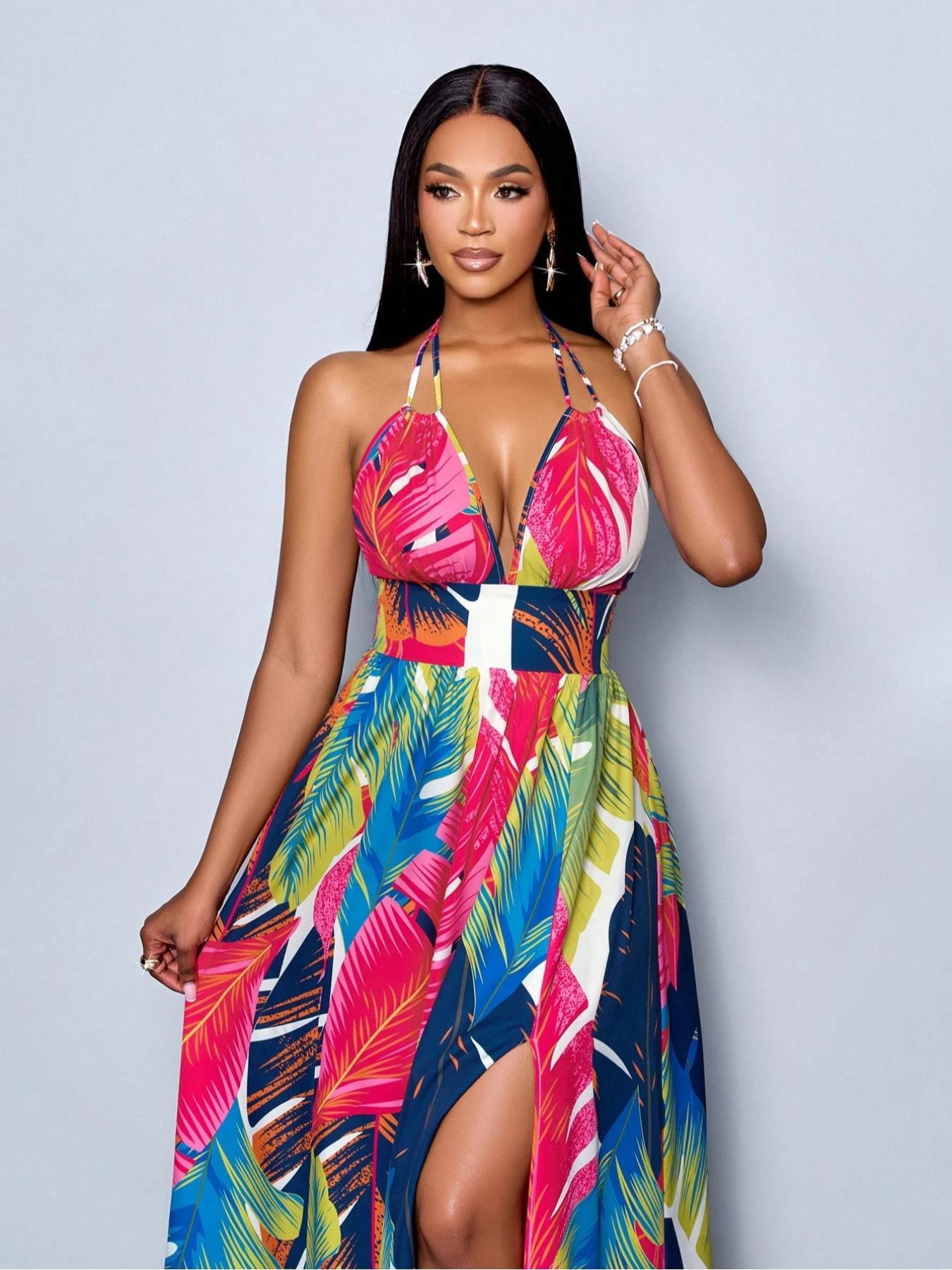 Women's All Over Print Tie Back Halter Neck Dress, Boho Casual Sleeveless Long Dress for Beach Holiday Vacation, Ladies Summer Clothes