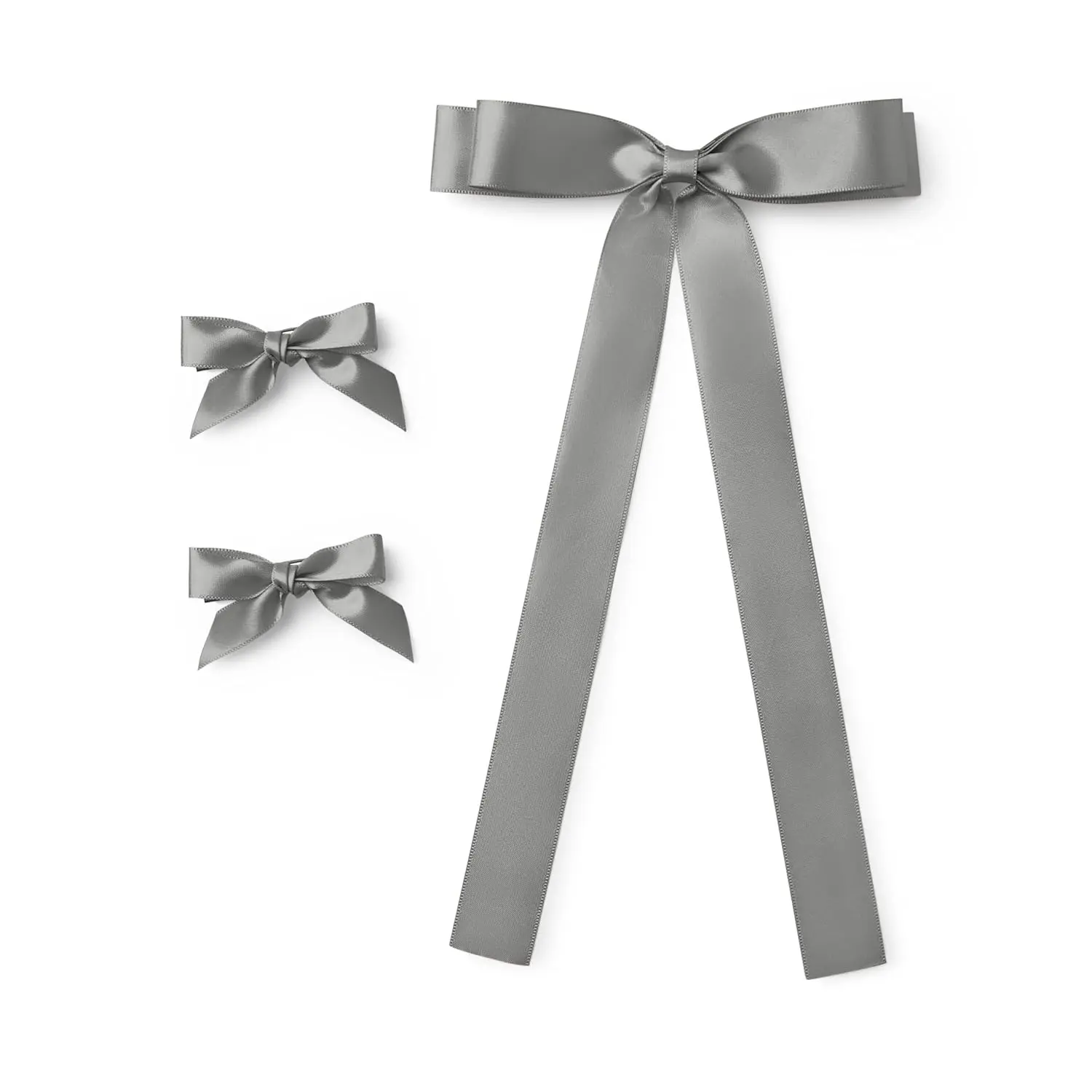 Satin Hair Bow Clips Set of 3, 2 Mini Ribbon Bows and 1 Thick Ribbon Bow with Tails (Grey)