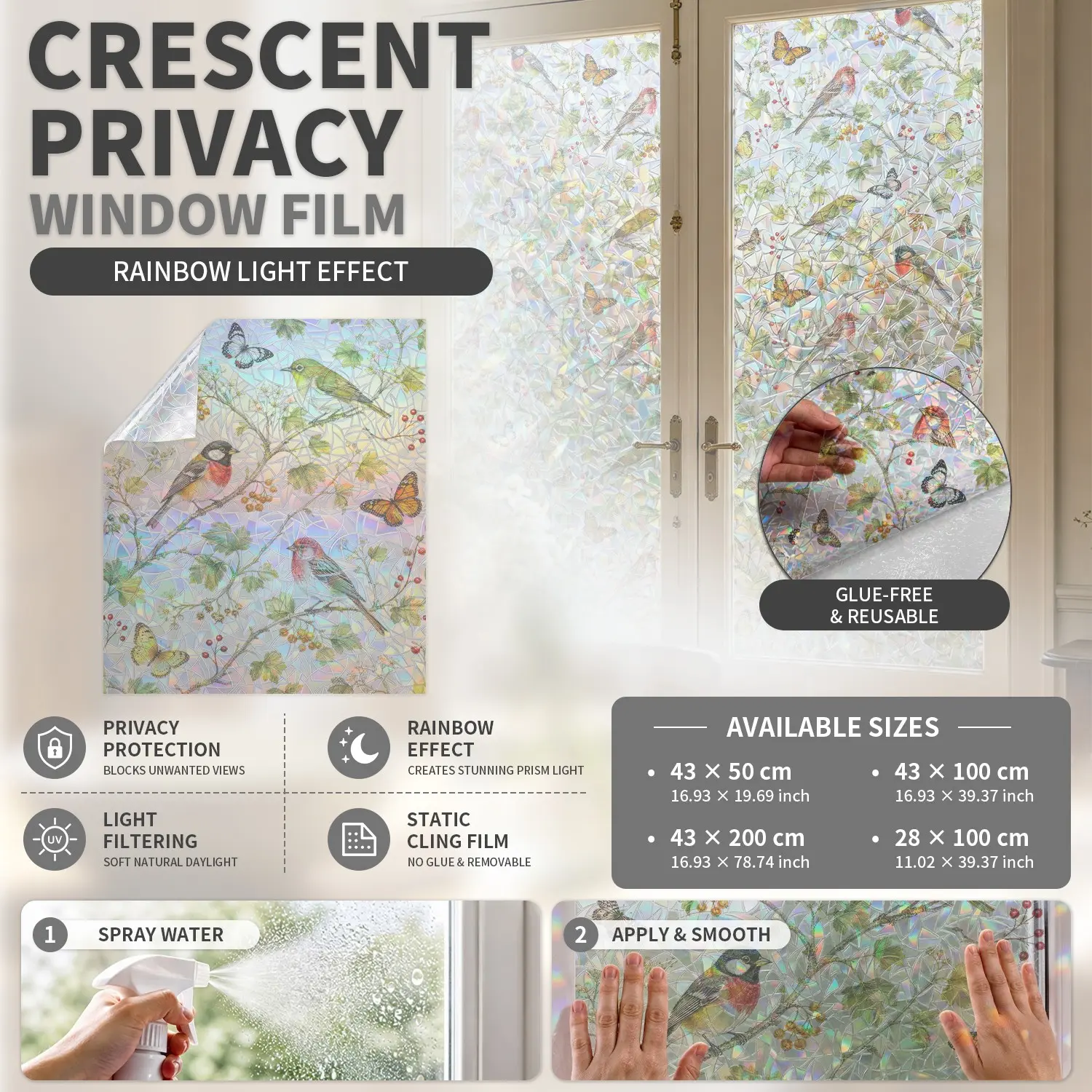 Adhesive Static Bird Flower Butterfly Privacy Window Film, Transparent Pet PVC Glass Sticker, Office Living Room Decor, Floral Pattern