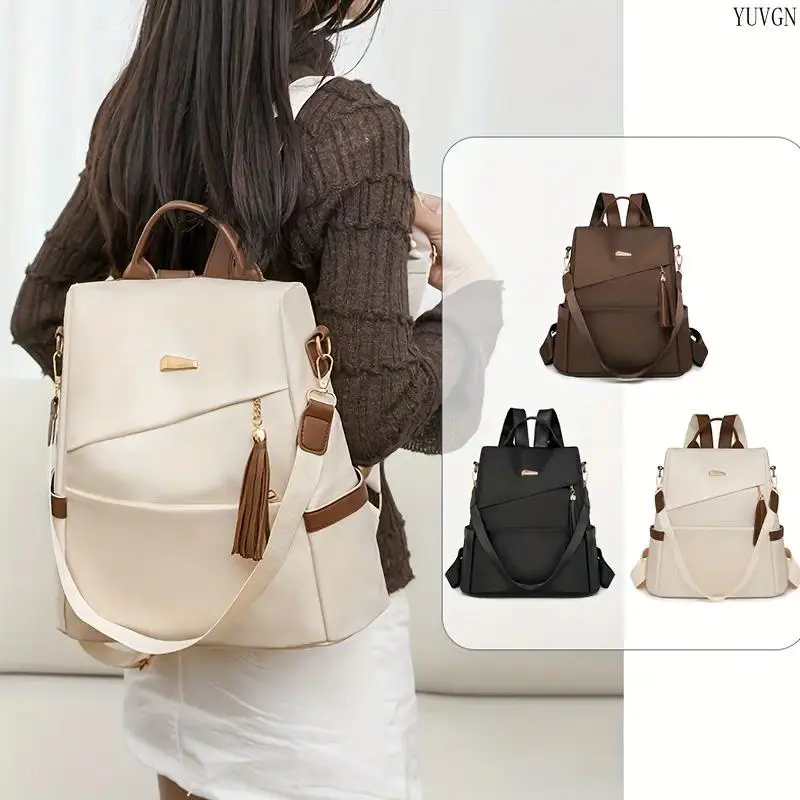 Unisex Premium Anti‑Theft Convertible Backpack, Fashion Contrast Tassel Student School Bag with Adjustable Strap, Multi‑Purpose Daypack for Commute, Outing, Travel and Gym Outdoor Activities