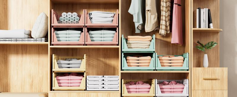 7CODE 5 Pack Stackable Closet Storage Basket, Multifunctional & Foldable Closet Organizer for Bathroom Kitchen Laundry Room Wardrobe Storage, Space-Saving Clothes Storage Drawer Organizer, White