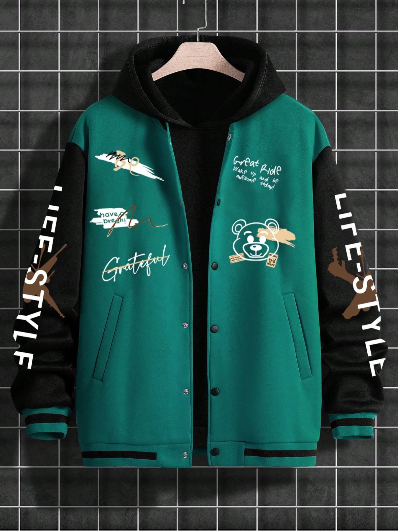 Men's Cartoon Bear & Letter Print Drop Shoulder Varsity Jacket without Inner Top, Loose Casual Preppy Style Long Sleeve Pocket Button Front Outerwear for Daily Wear, Men's Clothes for All Seasons Casual Fashion Jacket