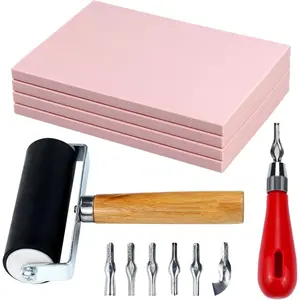 6 Pack Linocut Kit for Printmaking - Stamp Making Kit, 4Pcs 4"x6" Rubber Linoleum Blocks with Brayer Roller & 6 Type Blades Carving Tools | Beginner & Artist Block Printing Craft Supplies