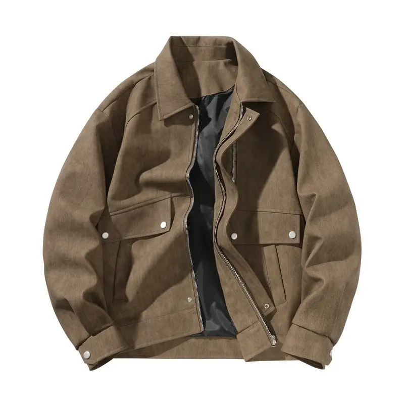 Men's Vintage Plain Collared Cropped Workwear Jacket - Zip & Button Dual Closure, Large Flap Pockets With Metal Rivets, Loose Relaxed Fit Lined Menswear Top For Daily Commuting & Outdoor Walking