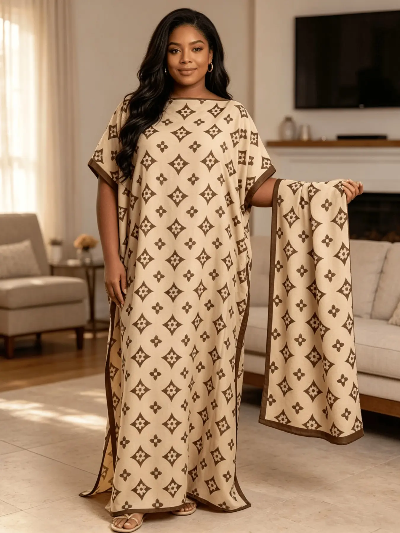 Beige Brown Four-Leaf Clover Print Aesthetic Kaftan Two Piece Set With Matching Scarf, Oversized Split Hem Maxi Robe, Soft Casual Loungewear Beach Night Dress, Fits Plus Size Curvy Figures