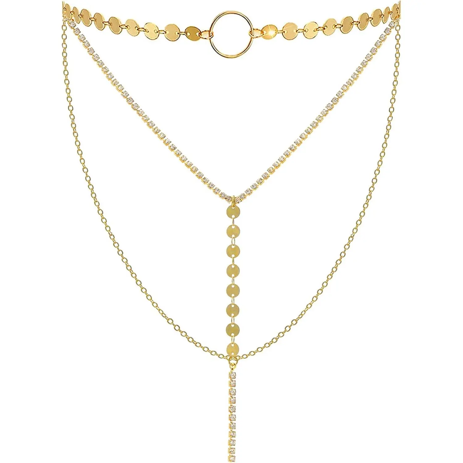 Women's Elegant Layered Sequins Choker Necklace with Thin Long Chain Pendant for Female