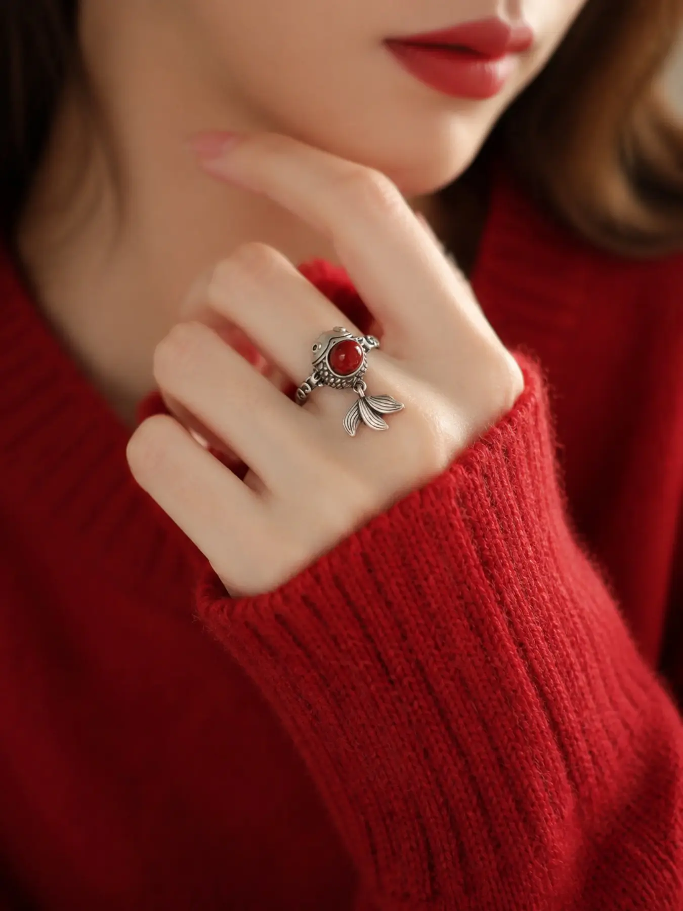Vintage Unique Silver Color Koi Fish Adjustable Ring, Nature Inspired Rings, Stone Lucky Fish Open Ring, Bohemian Style Women's Ring, Birthday Gift