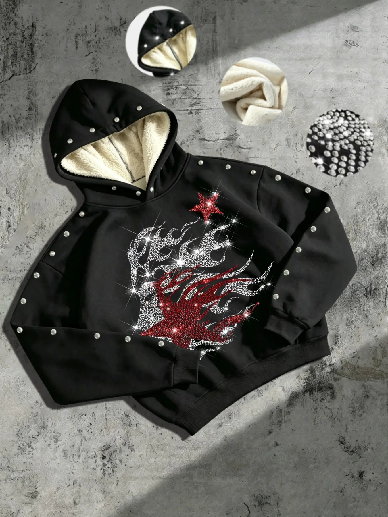 Men's Dark Street Style Warm Hoodie, Sparkling Rhinestone Flame Star Pattern, Rivet Decor, Soft Fleece Lining, Loose Fit, Trendy Youth Fashion