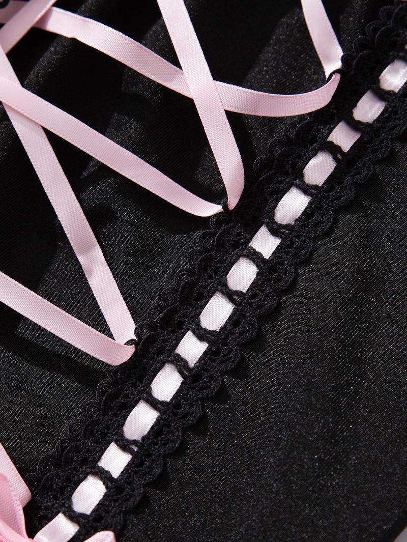 Women's Sexy Black & Pink Lace Corset Lingerie Set, Push-Up Bustier with Lace-Up Detail, Bow Accent Ruffle Hem Garter Belt Lingerie, Perfect for Valentine's Day, Date Night & Romantic Occasions, Seductive Maid Style Intimates