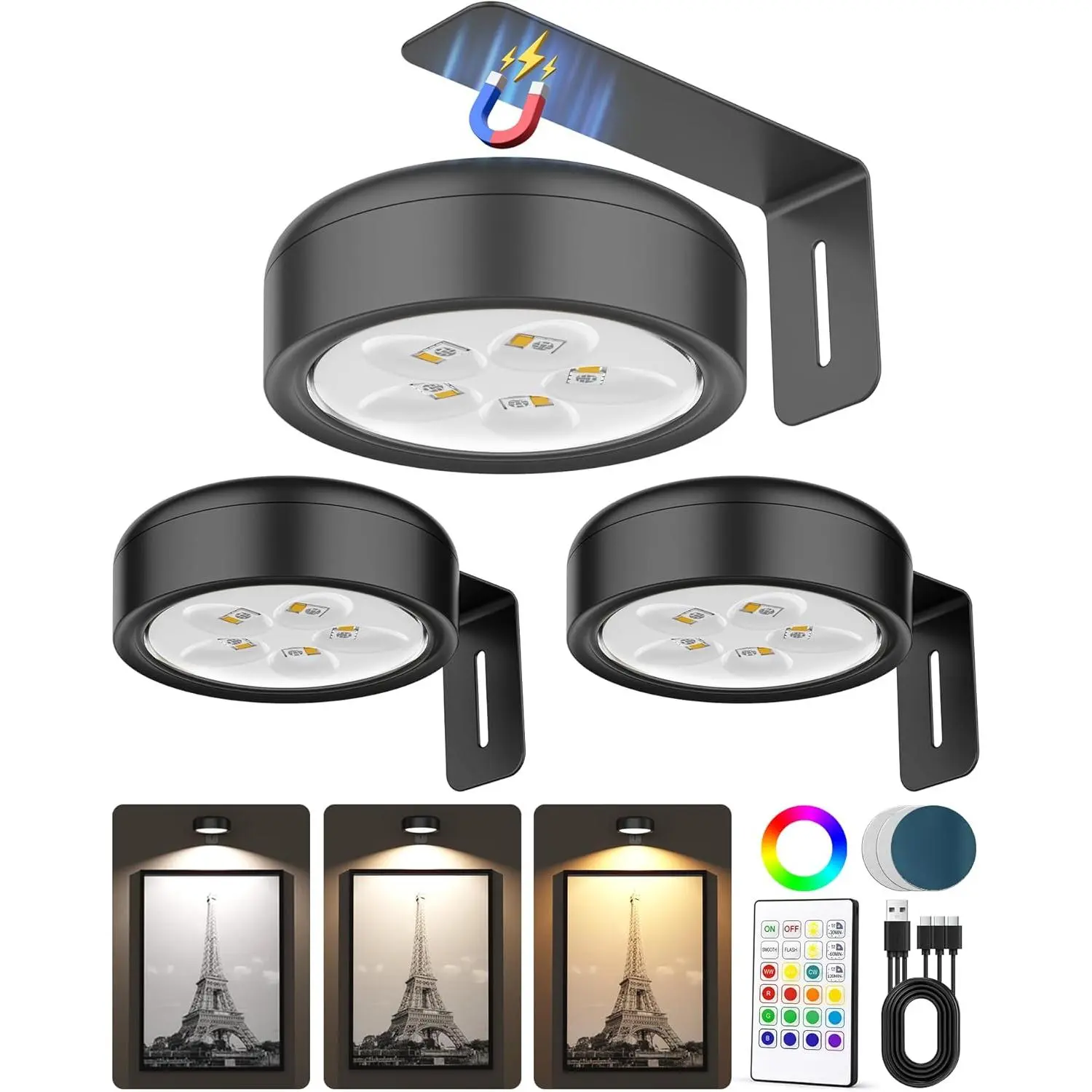 3 Pack Wall Picture Lights, Wireless Rechargeable Magnetic LED Puck Lights with Remote Control, 2000mAh Battery, 3 Color Modes & 12 RGB Colors, Dimmable & Timer Function, LED Art Frame Lights for Paintings, Photos and Wall Decoration