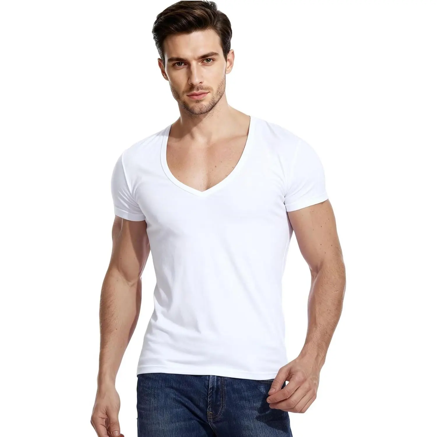 Men's Deep V-Neck T-Shirts, Slim Fit Low Cut Undershirts, Short Sleeve TeesGift