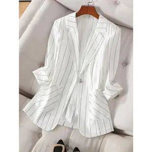 Lightweight Women'S And Pinstripe One-Button Seven-Sleeve Casual Suit Jacket, Women'S Cardigan Top Striped Jacket, Suitable And Sunscreen Travel Commuting Wear
