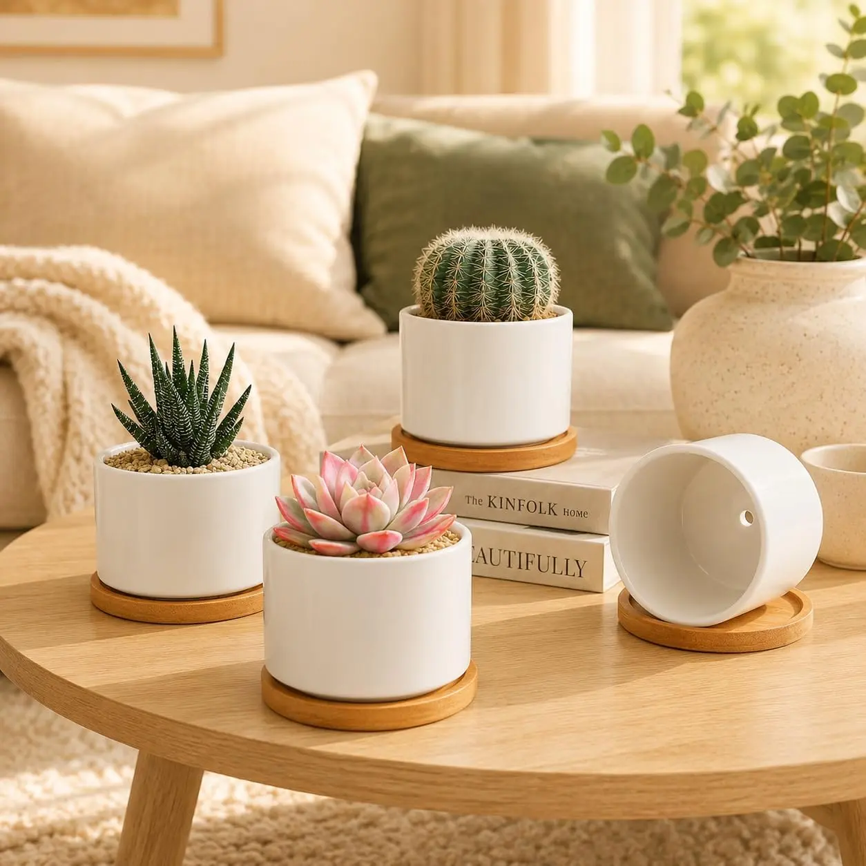 4 Pack 3.1" Ceramic Succulent Pots,White Planter with Drainage Tray | Round Flower  Pot Ideal for Windowsill, Bedroom and Living Room,  for , Cacti & Small Indoor Green