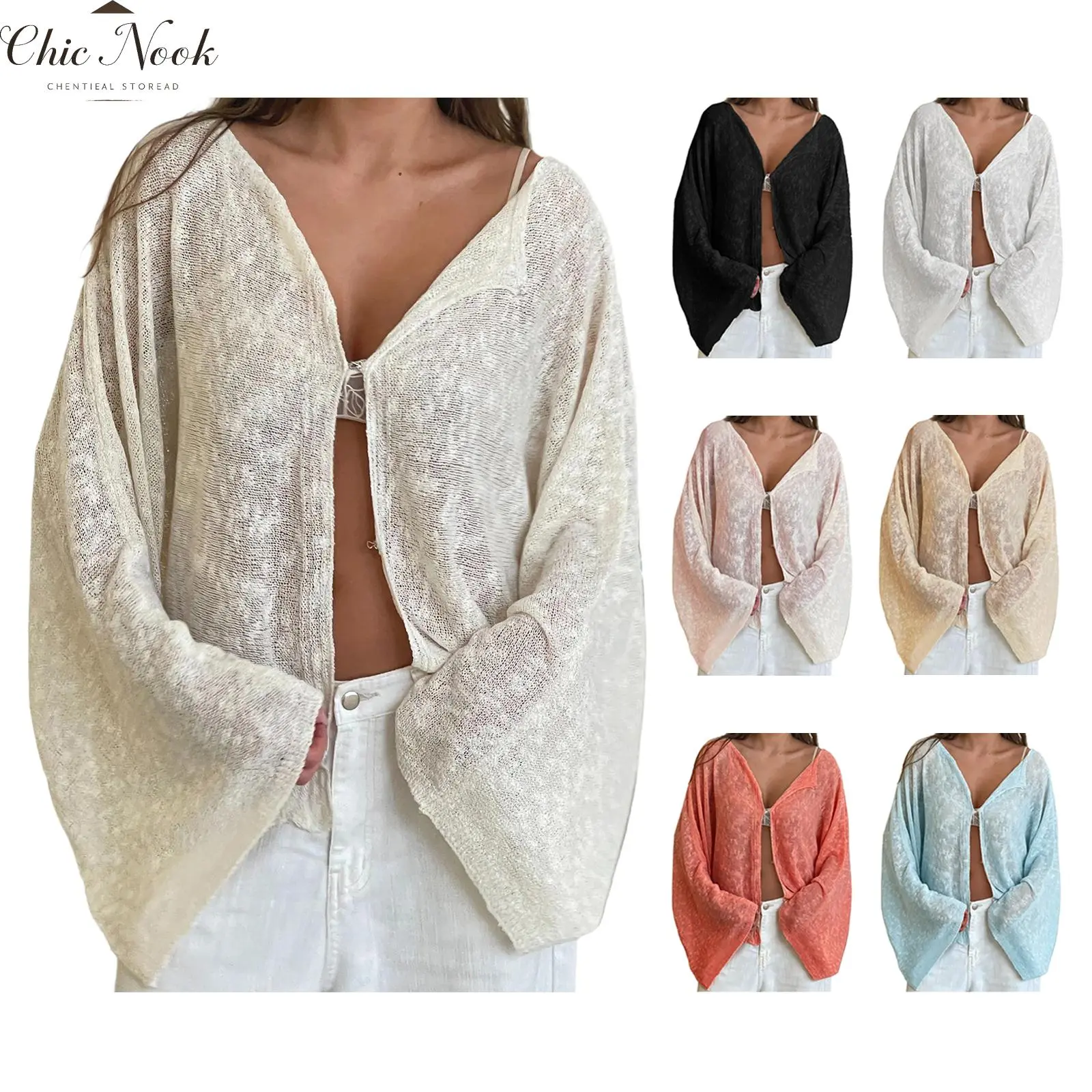Women's Loose Cropped Wrap Cardigan Bat Wing Knit Poncho Tops Solid See Through Long Sleeve Casual Fall Clothes
