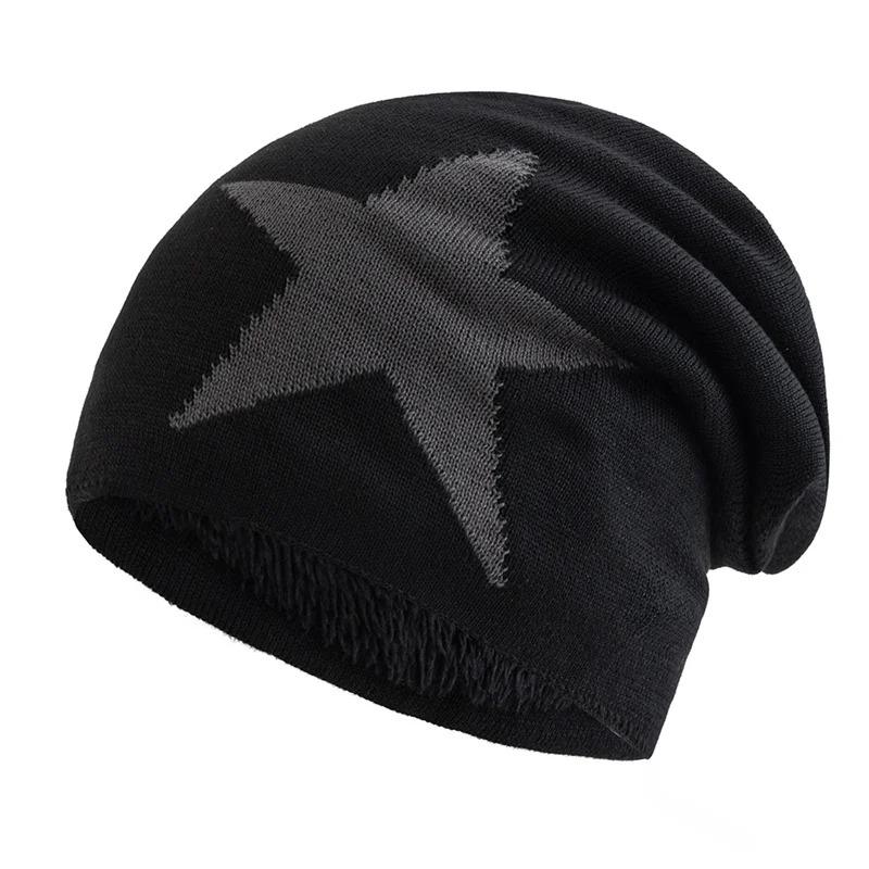 New Unisex Slouchy Winter Hats Five Star Pattern Warm Hats For Men Women Plush Fur Lined  Fashion Ski Beanie Cap