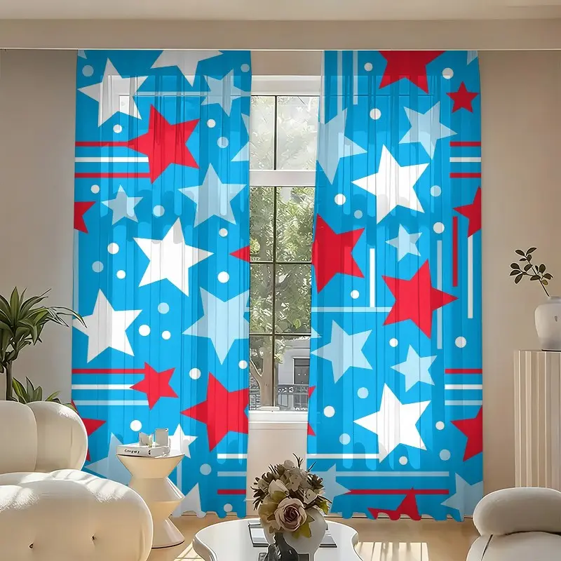 2-Pack Star Print Insulated Semi-Sheer Curtains, 100% Polyester, Modern Style for Bedroom Living Room Kitchen Balcony