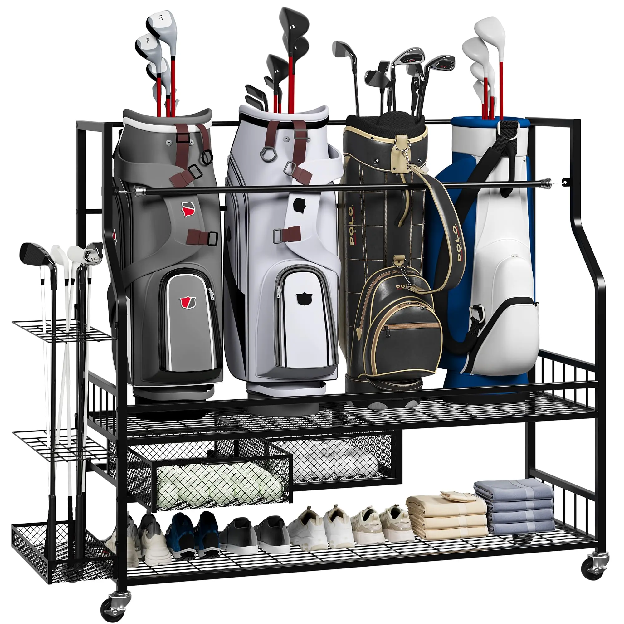 Golf Bag Organizer and Storage Rack Stand Holder Fits Golf Club Bags and Multiple Golfing Equipment Accessories, Storage Rack with Drawers and Wheels for Indoor/Outdoor Garage, Clubs