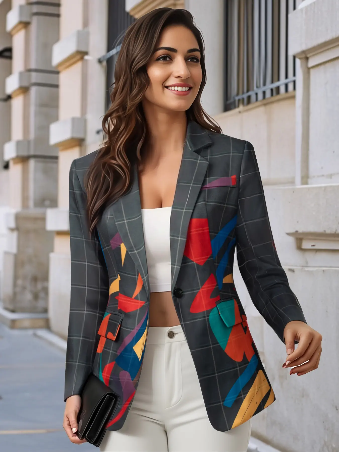 Unique Art Graffiti Print Plaid Suit, Notched Lapel Single Button Waistcoat Slim Fit Long Sleeve Jacket, Commuter Casual Versatile Design