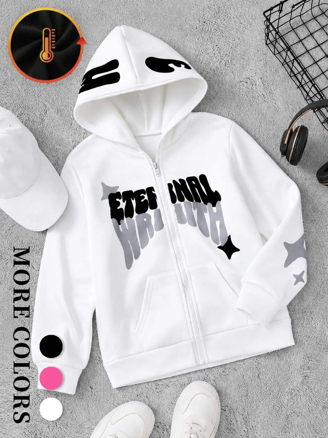 Men's Black Graphic Zip-Up Hoodie, Oversized Long Sleeve Jacket with White Eye Prints, Gradient Letter Graphic, Sleeve Stars, Full Zipper and Front Pockets, Retro Y2K Streetwear for Campus Looks, Travel, Parties, Layering, and Casual Outfits