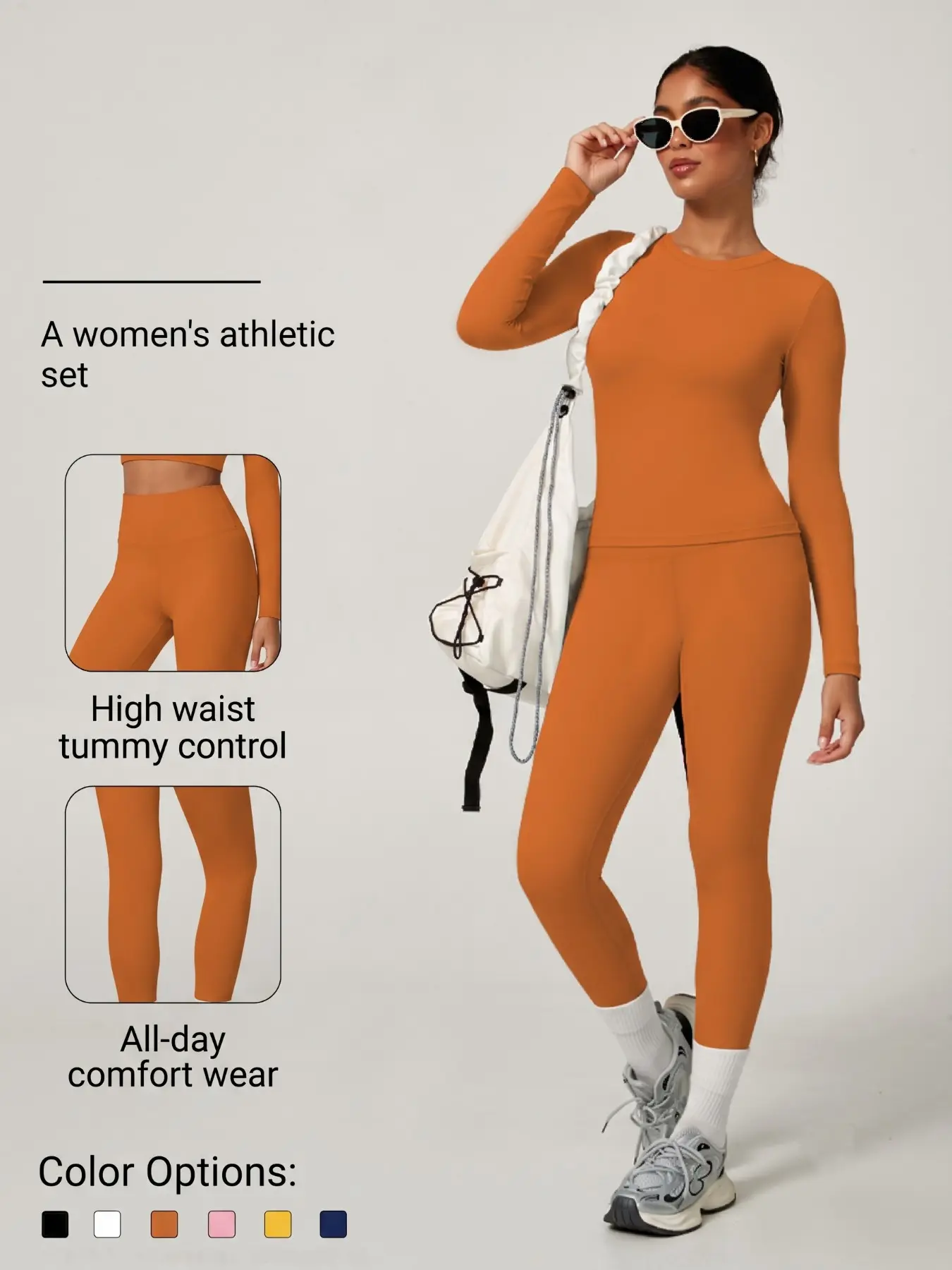 Women's Plain Long Sleeve Top & Pants Set, Bodycon Athletic Workout Set, Comfortable Tight-Fit for Yoga Home Gym, Casual Kardashian Style Clothing