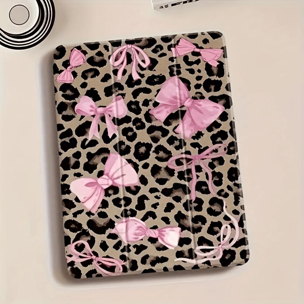 Leopard Print Bowknot Tri-Fold iPad Case, for mini 3/4/5/6/7, Air 1/2/3, Pro Series, Galaxy Tab S6/S7/S8/S9/S10, A7/A8/A9. With pencil holder, kickstand and auto sleep function. Perfect holiday gift choice.