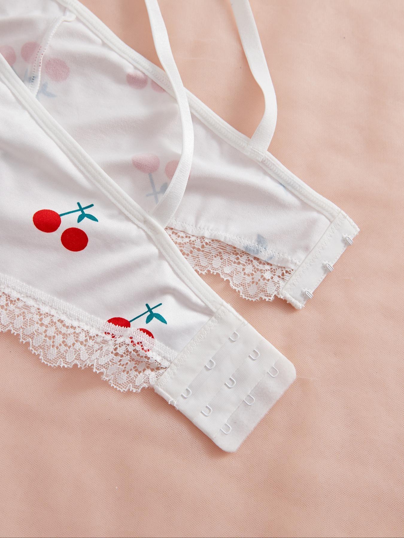 【Plus Size】 Cherry Print Bra & Panty Two-Piece Set, Lady Contrast Lace Detail Bra & Panty, Cheeky Bottoms Plus Size, Women's Underwear Set for All Seasons, Bra Sets