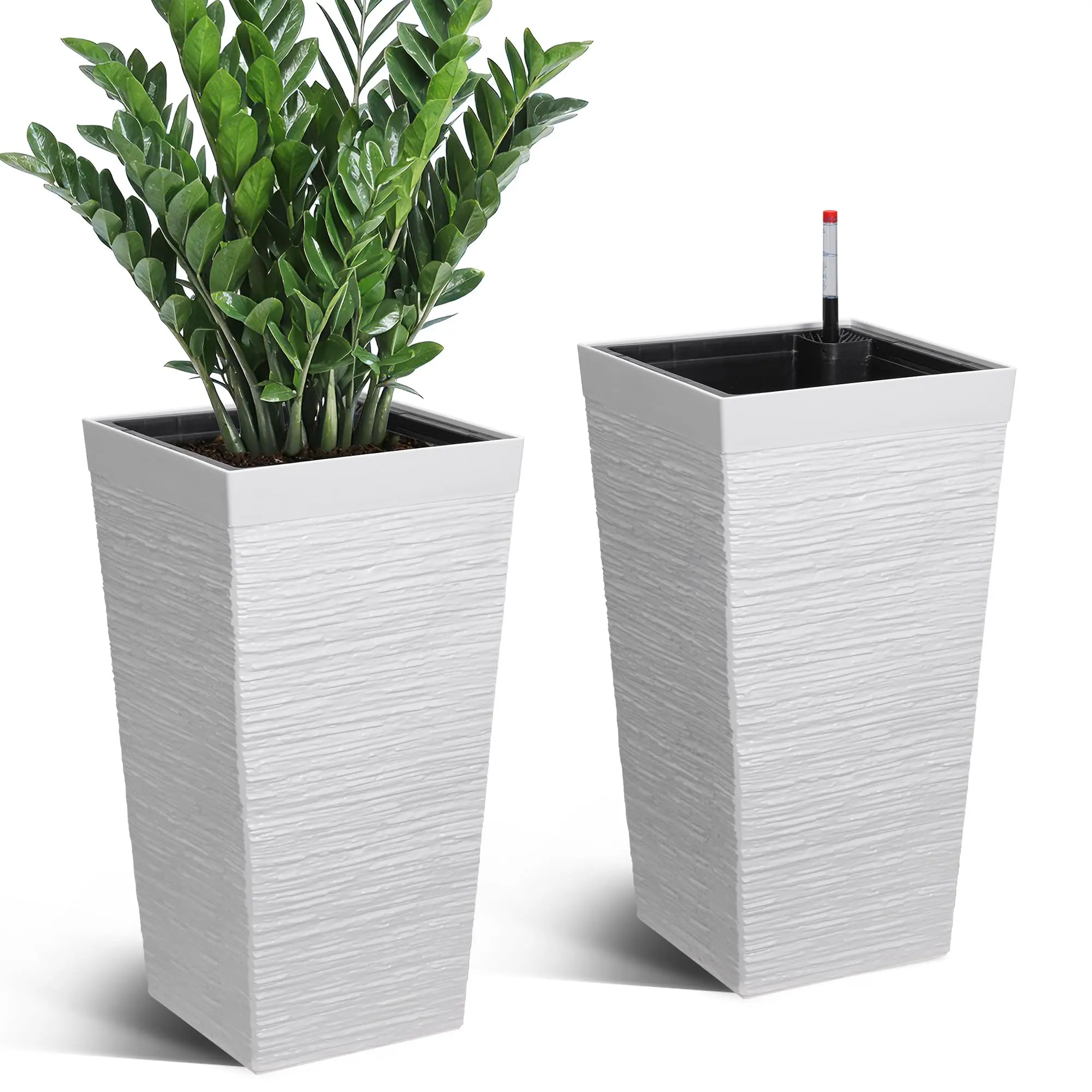 Garvee Self-Watering Tall Planters Set of 2, 22.5 in Large Indoor/Outdoor Planter Pots - Water Level Gauge - Drainage Holes & Removable Tray, Black/White