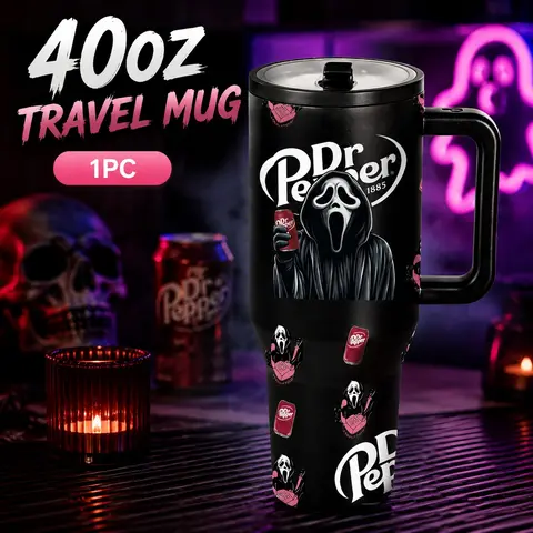 1PC 40oz Insulated Travel Mug with Handle, Double Wall Stainless Steel Leakproof Traveler Tumbler, Leak-Proof Lid, Keeps Drinks Cold 24 Hrs & Hot 12 Hrs, Horror "Dr Pepper" Graphic Design, Drinkware for Daily Use, Travel & Office