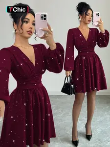 New Women's V Neck Textured Silver Color Fabric A-Line Dress, Fall Winter Casual Party Daily Wear, Slim-Fitting Young Chic Elegant Short Dress
