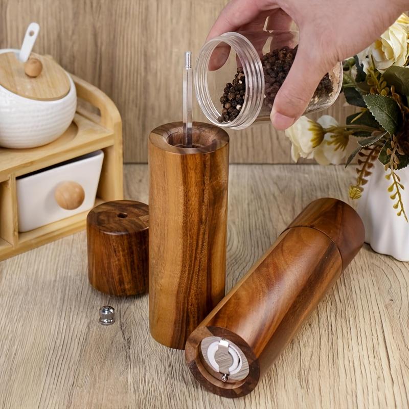 2/3pcs(2Grinder +base) Wooden Salt Pepper Grinder Set 8-Inch, Refillable Salt Pepper Mills Adjustable Coarseness, Acacia Wood Ceramic Core Manual Pepper Grinder, Kitchen Decor Dining ware Ideal Gift for Chefs, Perfect for Family BBQ Picnic Camping