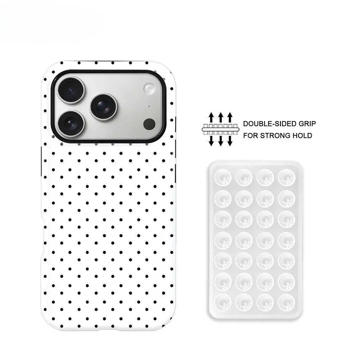Classic Black & White Polka Dot 2-in-1 Suction Cup Phone Case Cover, PC+TPU Glossy Hard Shell, Shockproof & Scratch-Resistant Protection, Minimalist Retro Phone Accessories for iPhone 17/17 Pro/18 Pro Max/17 Air/16/15/14/13/12/11/XR/XS Max