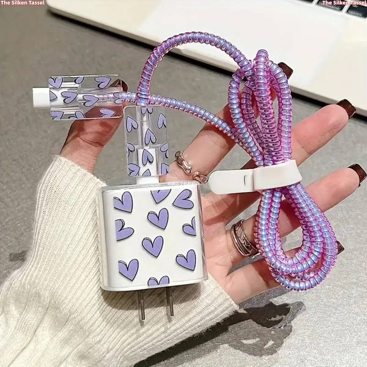 Cute Purple Heart Full Set Charger Protector Kit Compatible with iPhone PD Charger, Clear Heart Print Charger Head Case + Cable Protector + Glitter Coiled Cable Wrapper + Cable Organizer Strap, Anti-Break Data Cord Protective Accessory