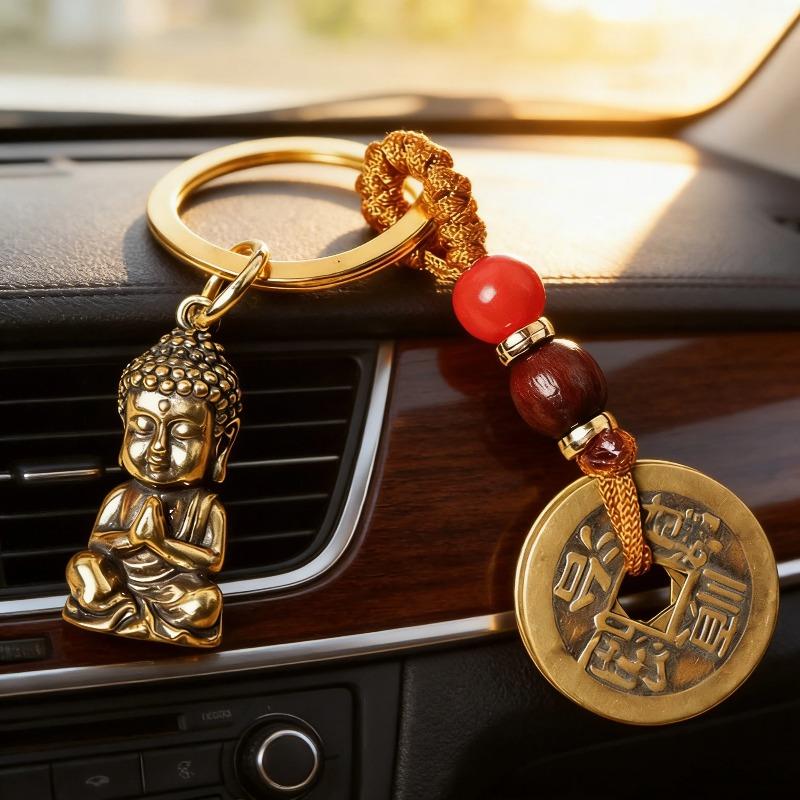 Brass Buddha Pendant Keychain, Mini Handcrafted Lucky Amulet Figurine, Portable Religious Protection Charm for Daily Carrying Bags Keys and Everyday Wear