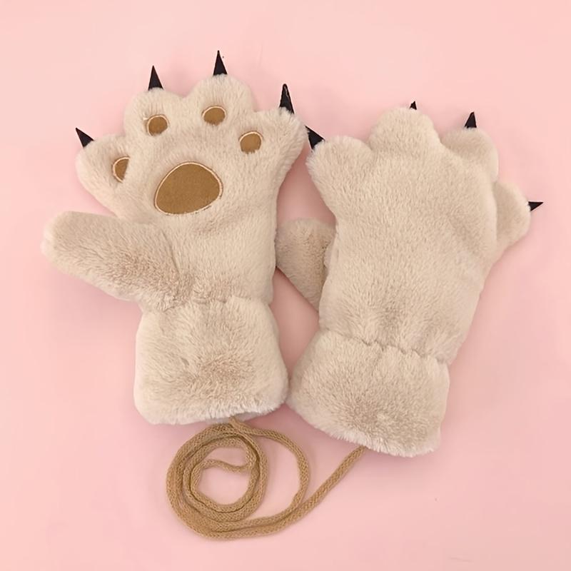 1 Pair Girls' Winter Plush Bear Paw Gloves - Cute Cartoon Bear Face with Expressive Eyes & Nose, Thick Warm Fleece-Lined Hand Warmers for Old