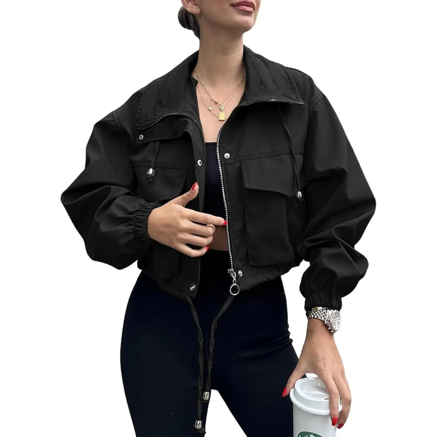 Women's Cropped Zip Up Lightweight Oversized Utility Anorak Jacket with Pockets