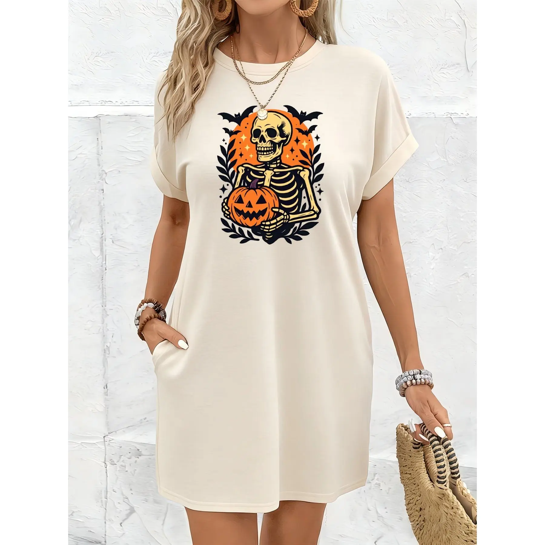 Women's Comfortable Soft Silk Short-Sleeve Loose Mini T-Shirt Dress - Halloween Skeleton Holding Pumpkin Print, With Pockets, Casual Daily Style