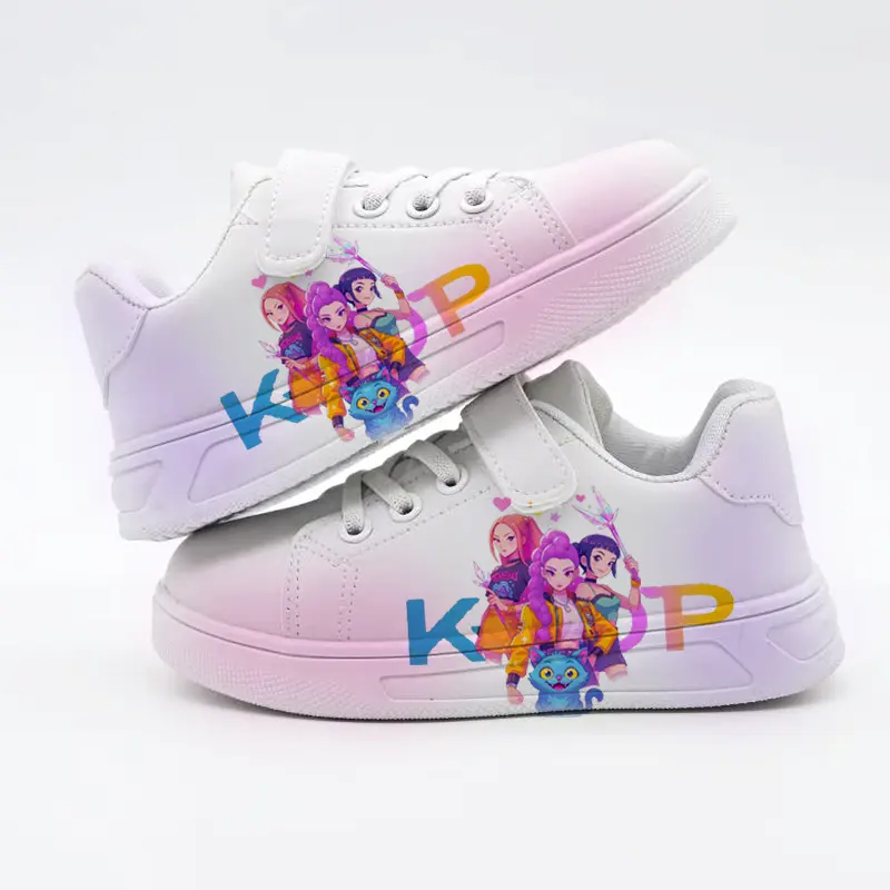 Girls' Cartoon Print Polyester Velcro Sneakers - Gradient Pink-White Low-Top Outdoors Casual Skate Shoes, Lightweight Non-Slip Children's Daily Sports Footwear
