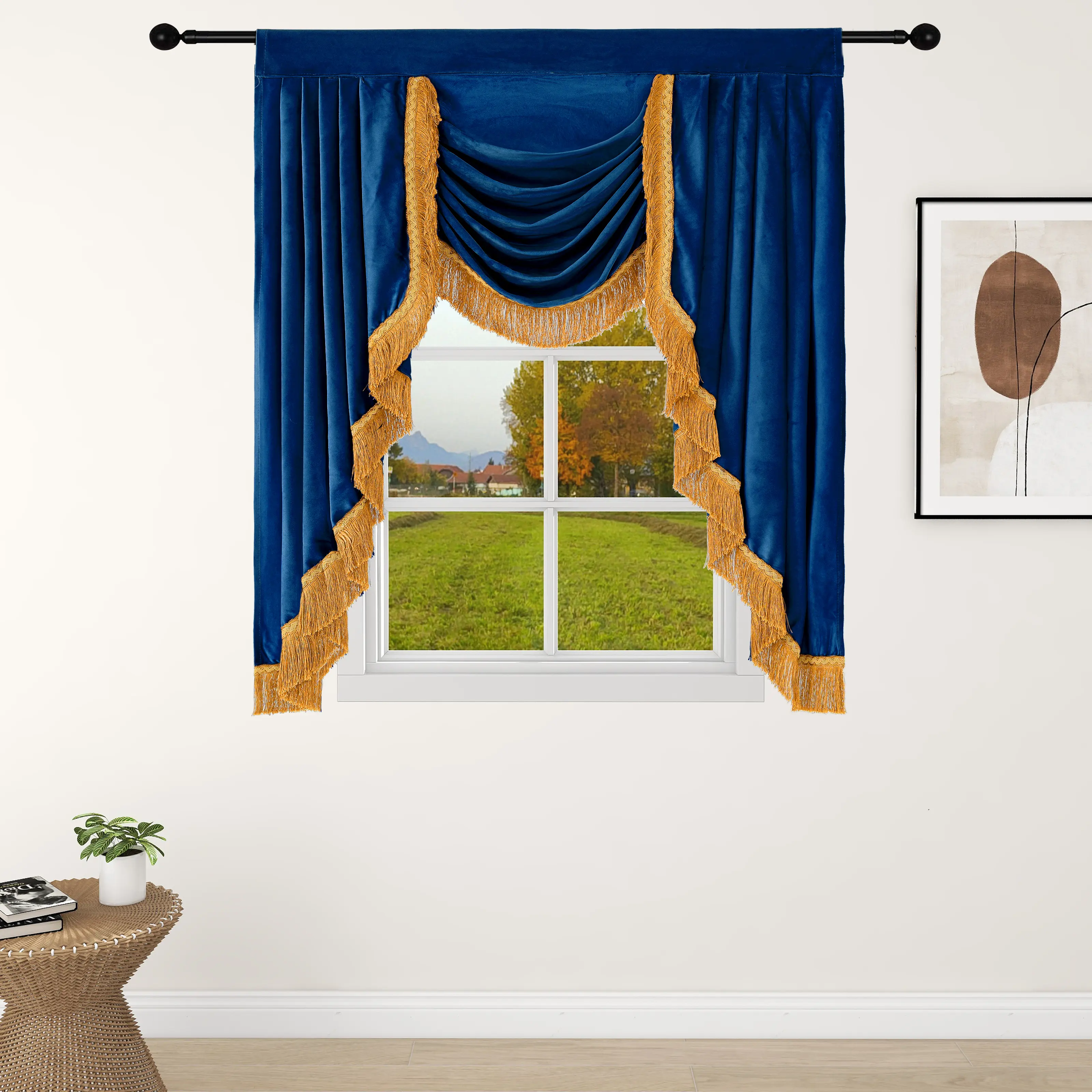 Luxury Velvet Swag Valance Curtain Set, Tassel Fringe Trim Full Blackout Short Window Drapes for Bedroom Kitchen Living Room