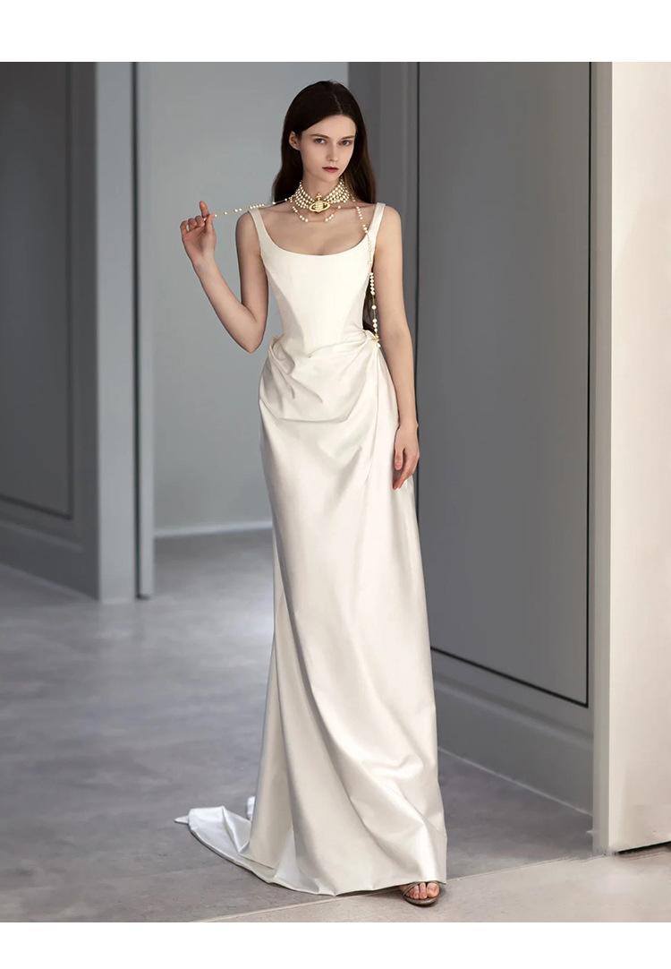 Satin Light Wedding Dress 2026 – Vintage Simple Spaghetti Strap Departure Gown, Small Train Bridal Evening Dress